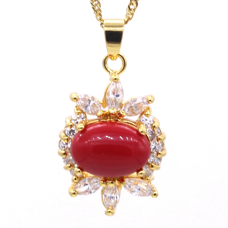 

JinYao New Fashion Champagne Gold Color Oval Red Coral&AAA Zircon Pendant Necklace For Women Party Gift Jewelry k02-3