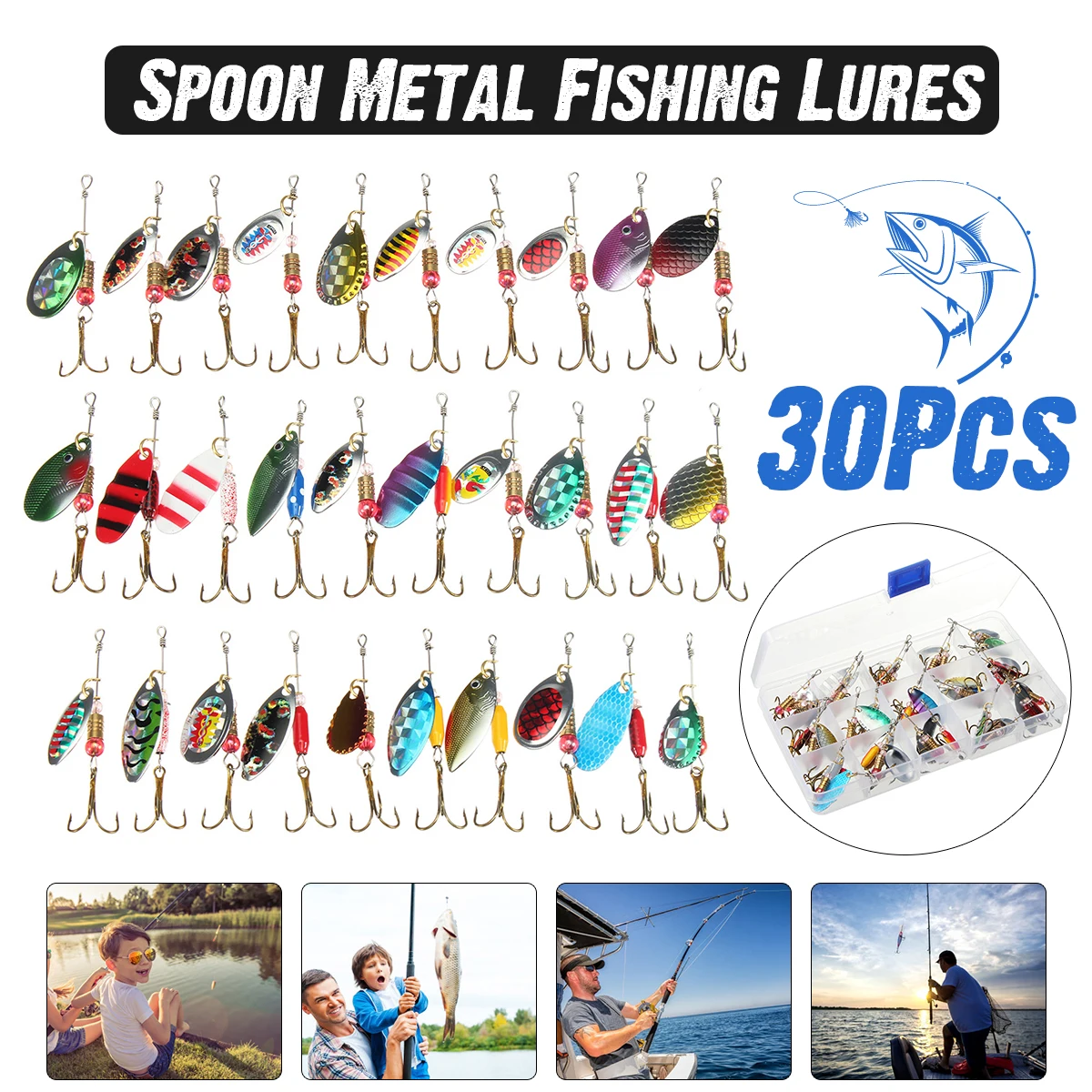

30pcs Mixed Fishing Lures Set Saltwater New Colorful Trout Spoon Metal Assorted Fishing Lures Spinner Baits Bass Tackle+Box