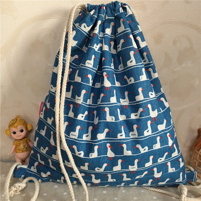 YILE Cotton Linen Drawstring Backpack Book Bag Printed White Duck Blue Base B924b 1