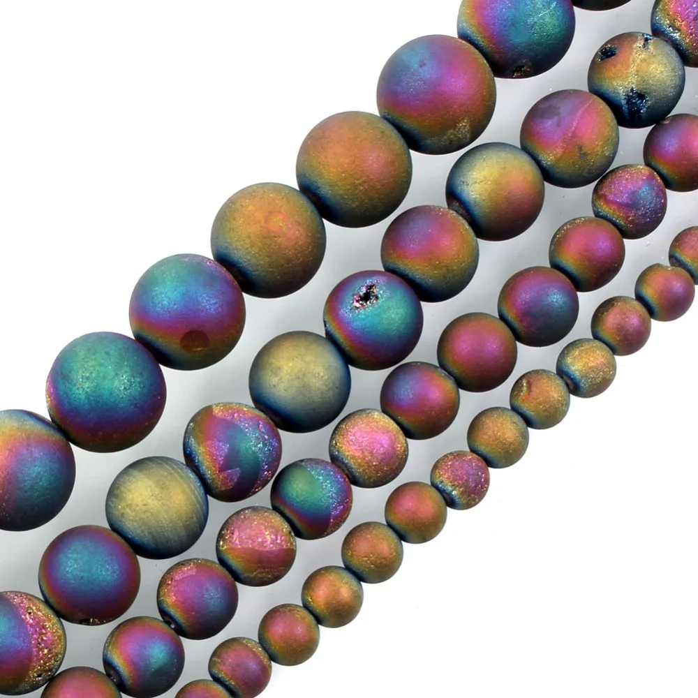

LF Natural Stone Beads Colorful Metallic Titanium Coated Natural Druzy Quartz Agat Round Loose Beads For Jewelry Making 6-12mm