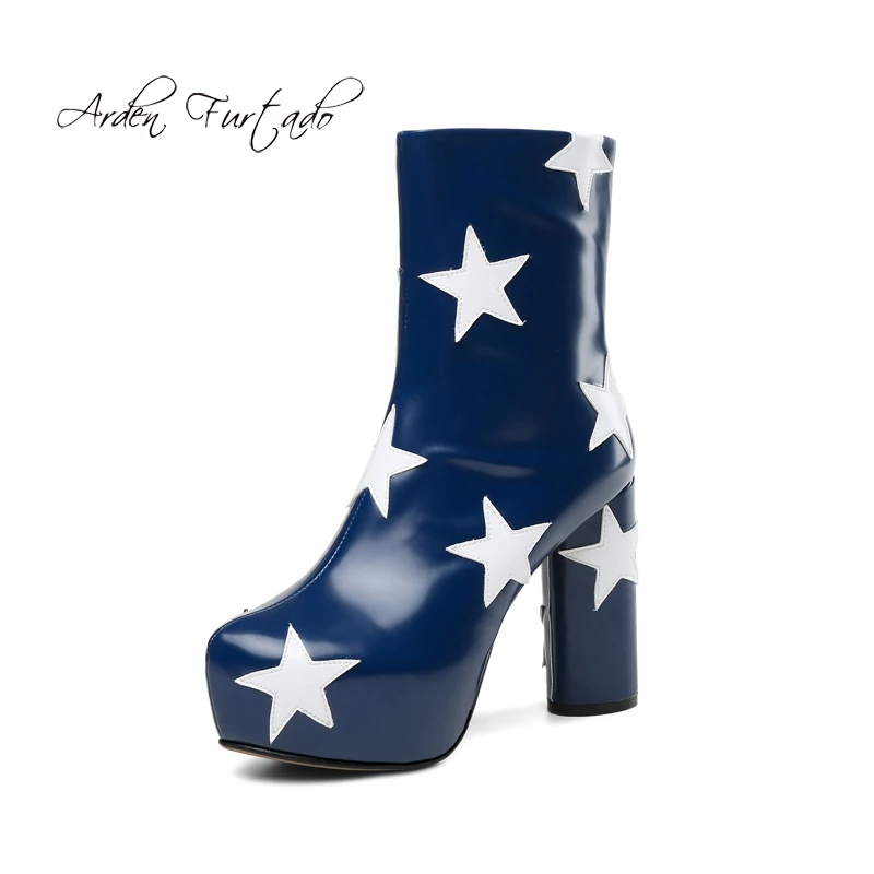 

Arden Furtado 2018 spring autumn winter chunky heels high heels 12cm stars platform blue mid-calf boots zipper fashion shoes 43