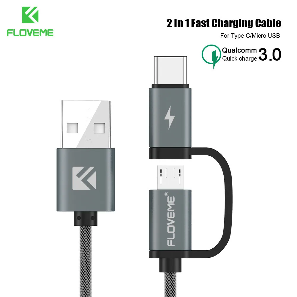 FLOVEME 2 в 1 Mirco USB+ type-C USB кабель в оплетке быстрое зарядное устройство QC 3,0 USB-C кабель для мобильного телефона для Galaxy S8 Xiaomi смартфон - Цвет: Grace Gray