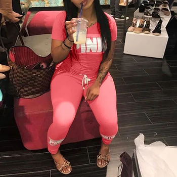 

High Street Women Pink Letter Print Sexy Tracksuit 2019 Casual Summer Tops+Skinny Pants Two Piece Outfit Casual 2 Piece Set XXL