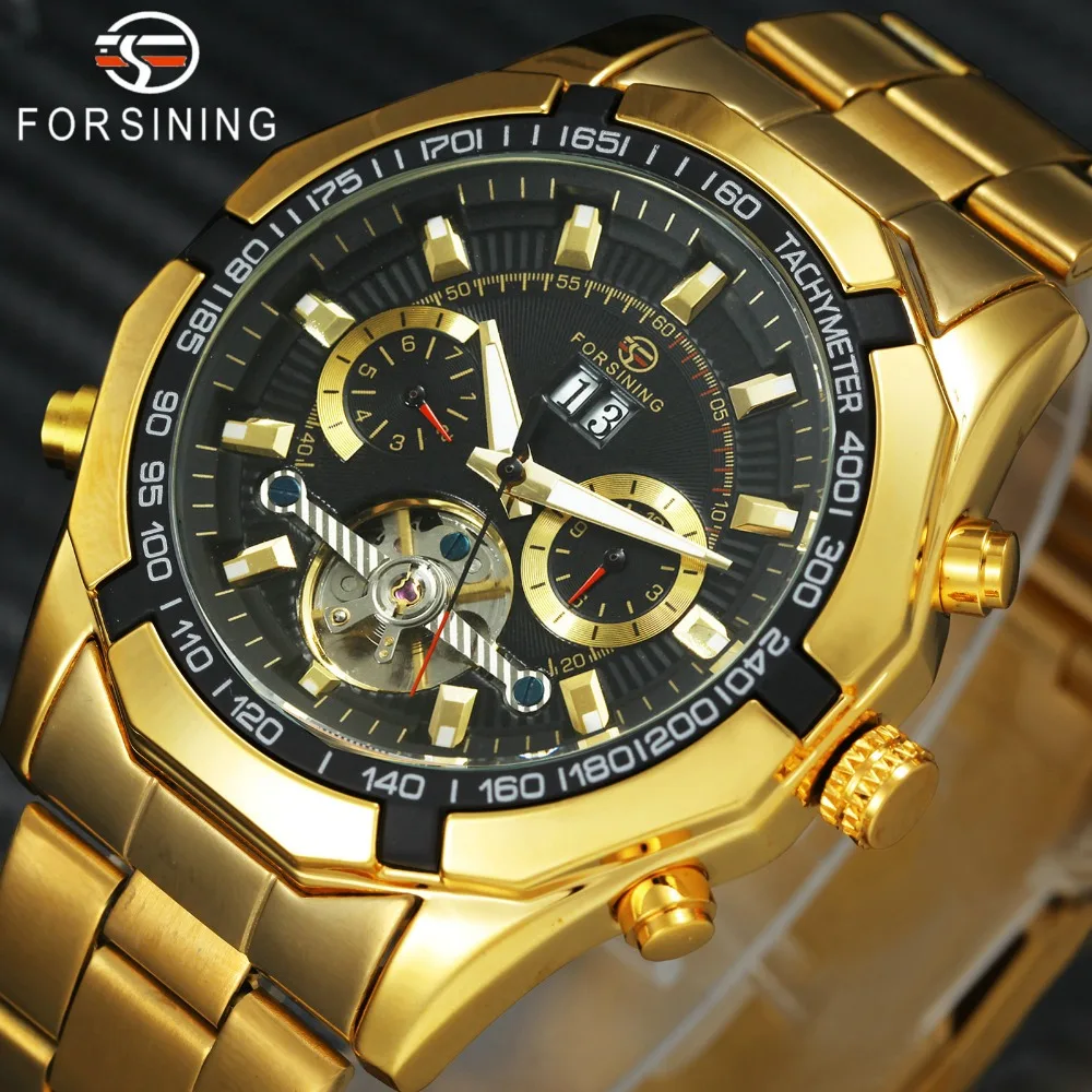 

Royal Golden Automatic Watch Men FORSINING Tourbillon Mechanical Watches Steel Strap Sub-dials Calendar Clock Top Brand Luxury