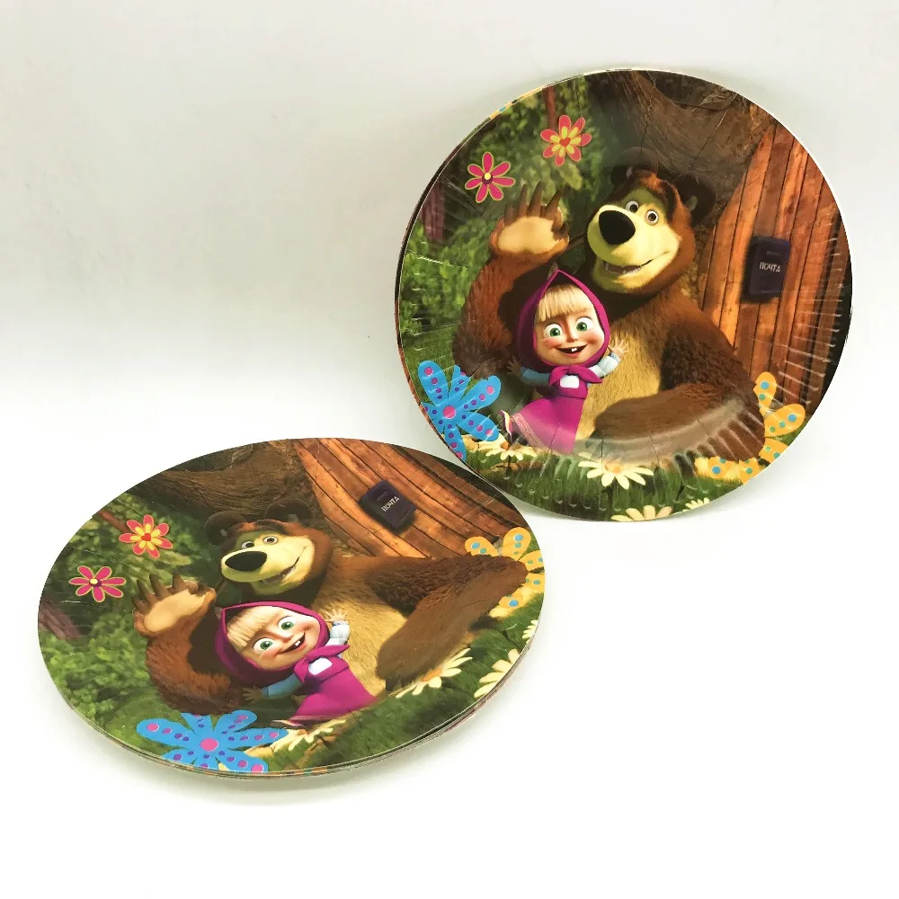 Маша и Медведь тема для детей, для девочек, подарочный набор для дня рождения, вечерние, милые чашки, тарелки, маски, одноразовые столовые приборы для малышей - Цвет: plates-10pcs