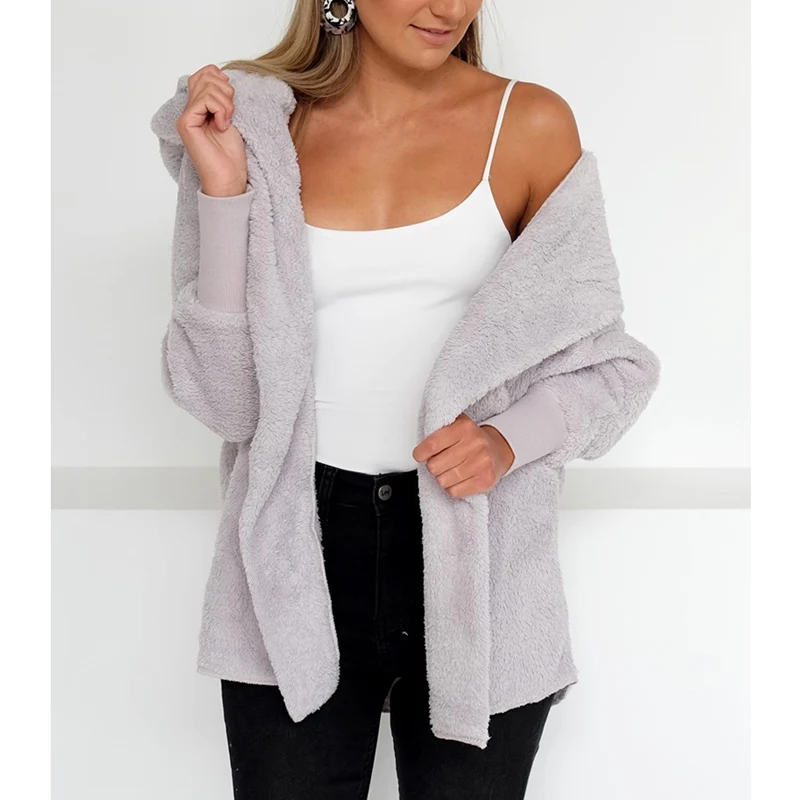 LOSSKY Autumn Witner Women Faux Lambswool Jacket Coat Black Warm Female Loose Open Stitch Overcoat Long Sleeve New Fuzzy Outwear