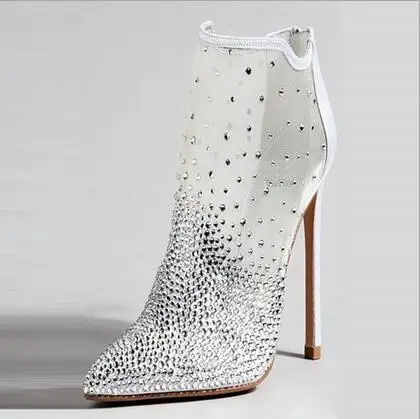 

Popular Crystal Embellished Bling Stiletto Bootie Pointed Toe Ankel Zip High Heel Sweety Style Runway Party Shoes