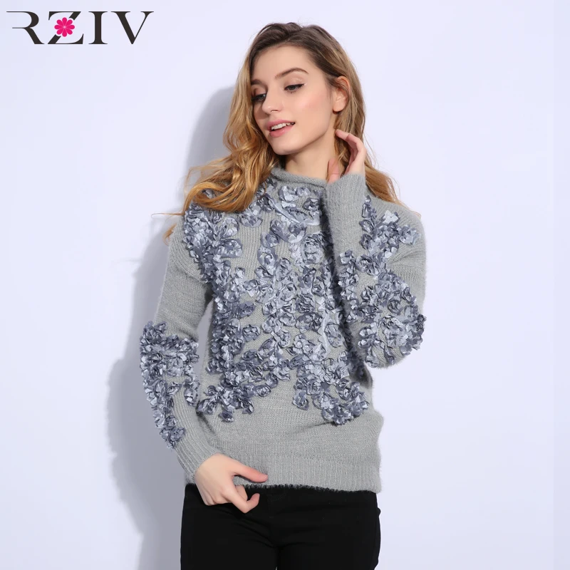 RZIV 2018 Autumn and winter women sweater and pullovers leisure female flowers embroidered patch knitted sweater