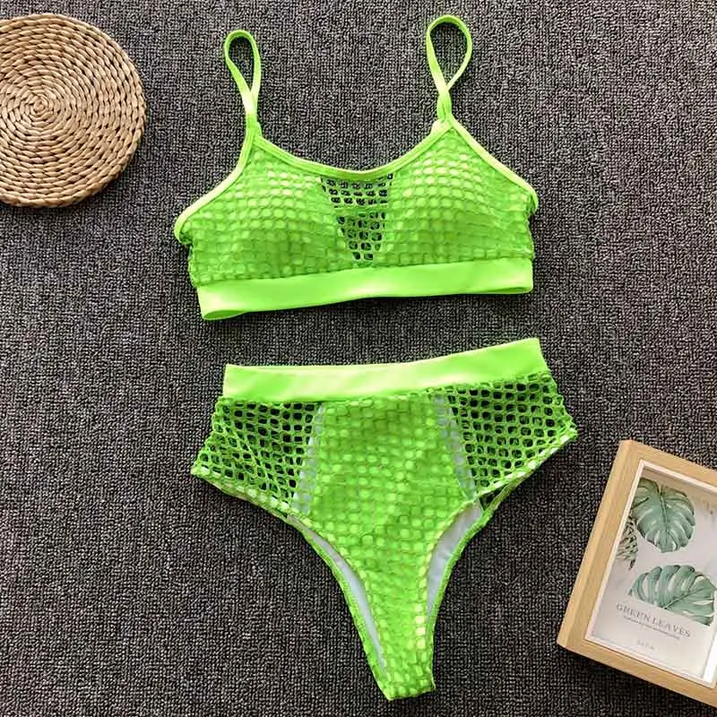 Summer Swimwear Women Solid Color High Waist Mesh Bikini Set Push Up Pad Beachwear Bathing Swimwear Female Bikini Set Swimsuit - Цвет: Y9369-2