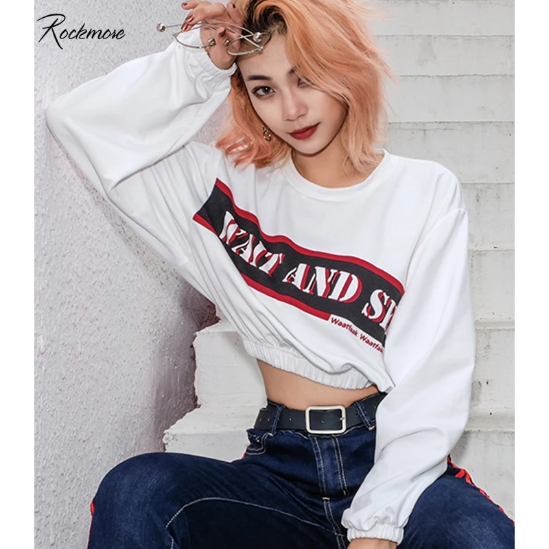 

Rockmore Autumn Oversized Women T-Shirt White Letter Print Streetwear Cotton Long Sleeve Femme Loose O-Neck T Shirt Crop Top Tee