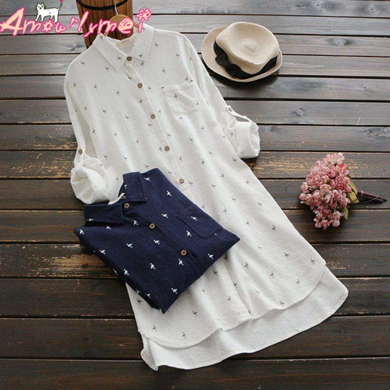 

2019 Spring Autumn New Women Long Sleeve Cotton Linen Dress Mori Girl Loose Turn-down Collar Printed Casual Shirt Dress Vestidos