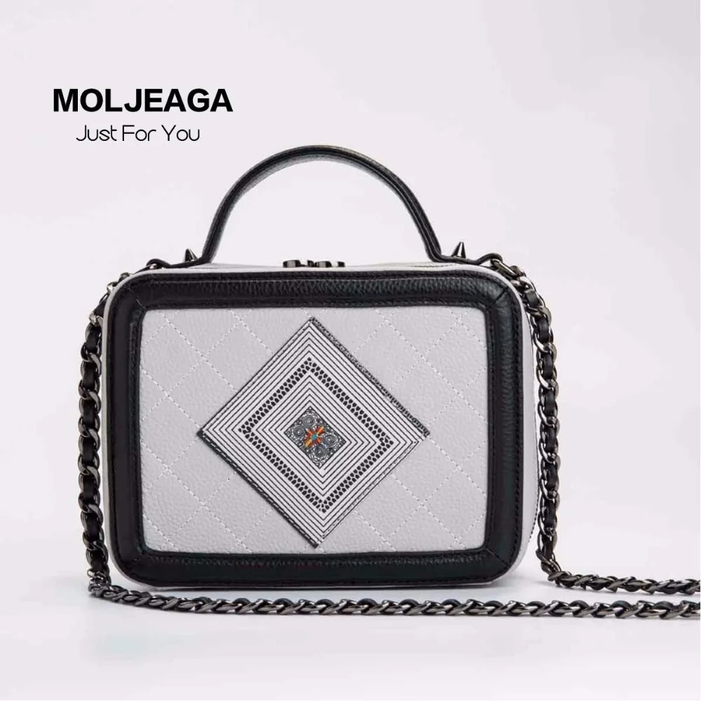 

MOLJEAGA Hand bags Small incense square handbag shoulder Messenger bag genuine leather hand embroidery batik national style bag