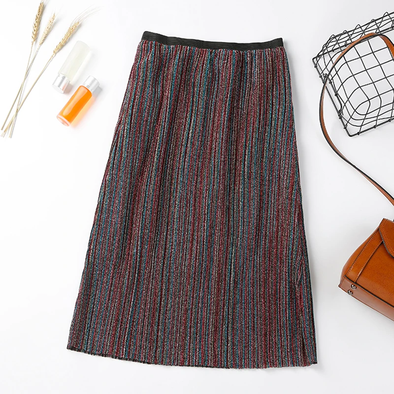 Плиссированная юбка миди в полоску с металлическим блеском и люрексом, винтажная юбка-плиссе с высокой талией, женская одежда - Цвет: Stripe 3