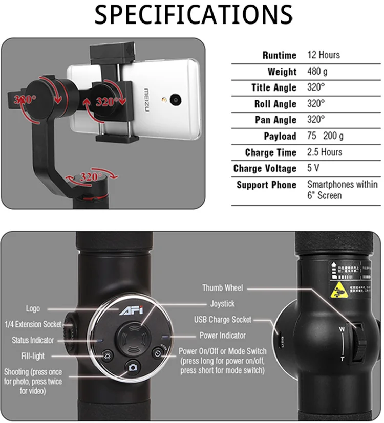 AFI V5 3-осевой Стабилизатор Ручной смартфон телефон Gimbal для iPhone 11 11 плюс XR X 8P 8 7P 6S samsung& Gopro экшн Камера