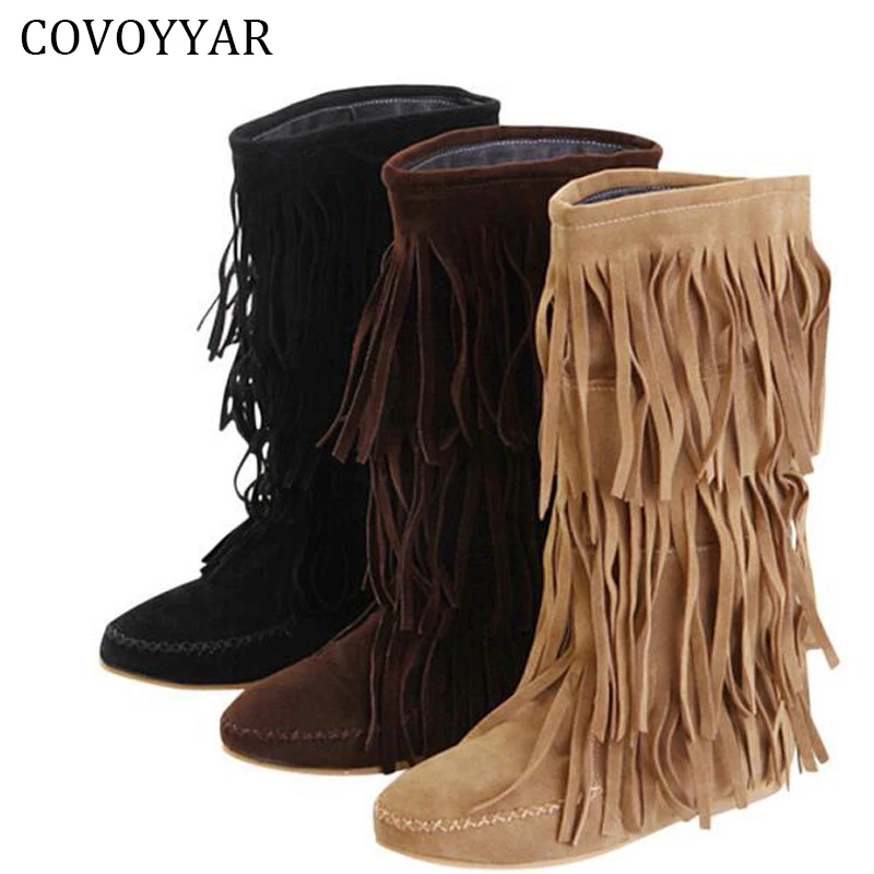 Skup COVOYYAR Hot 3 warstwy Fringe buty 2019 na niskim obcasie Tassel mokasyny płaski mid łydki kobiet buty Plus rozmiar 35 ~ 43 Drop Ship WBS16