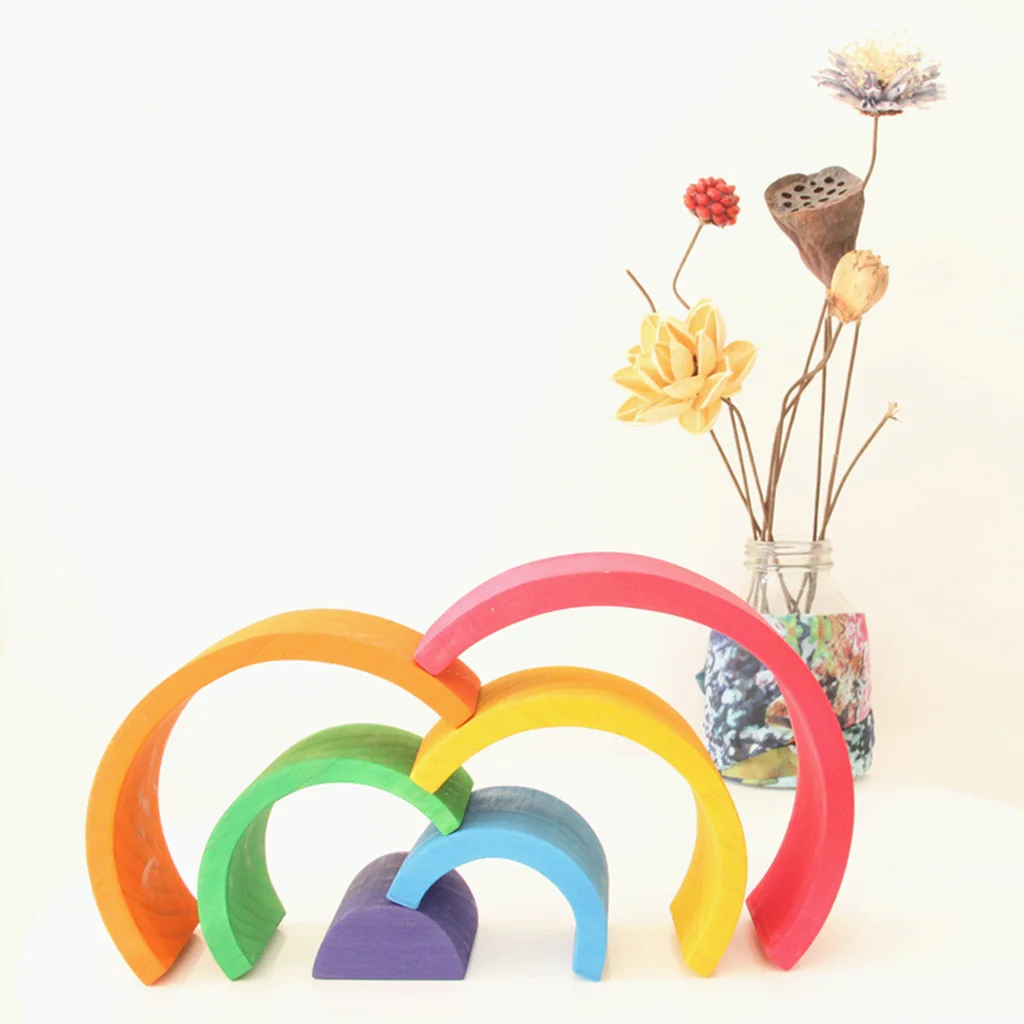 Montessorri Rainbow  Wooden Stacking Rings Arch Blocks Balance Game Kids Educational Toy Play Activity