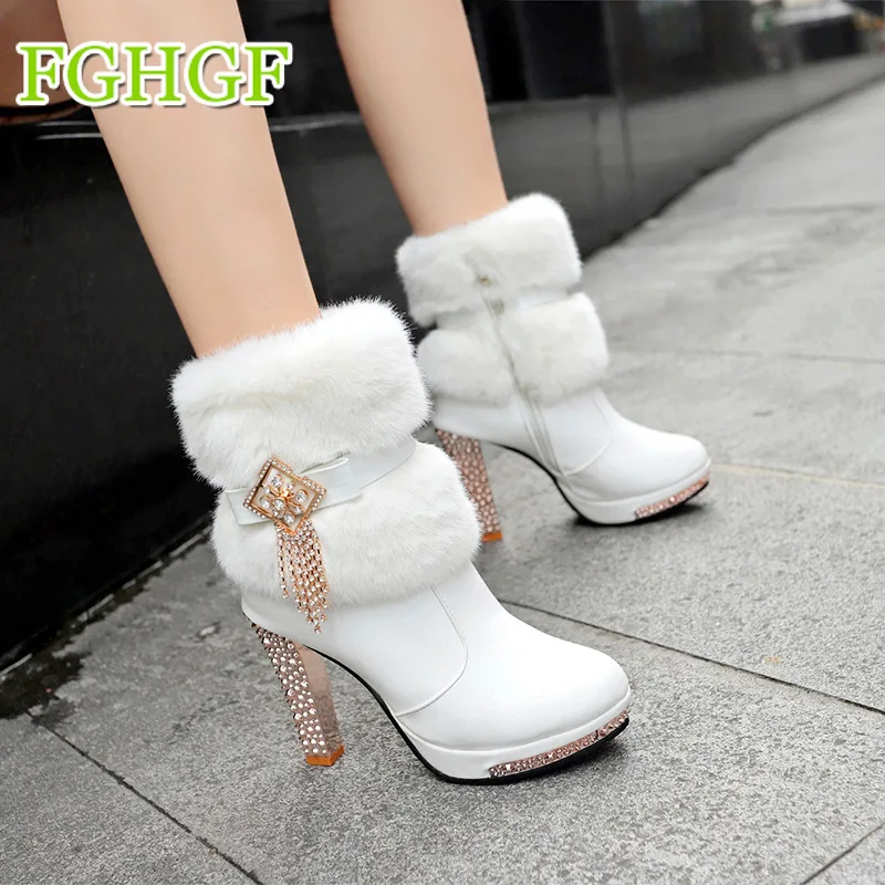 

Luxury white winter boots women fashion snow boots new style 2018 women's shoes Female Mid-Calf high heels 10cm Boots