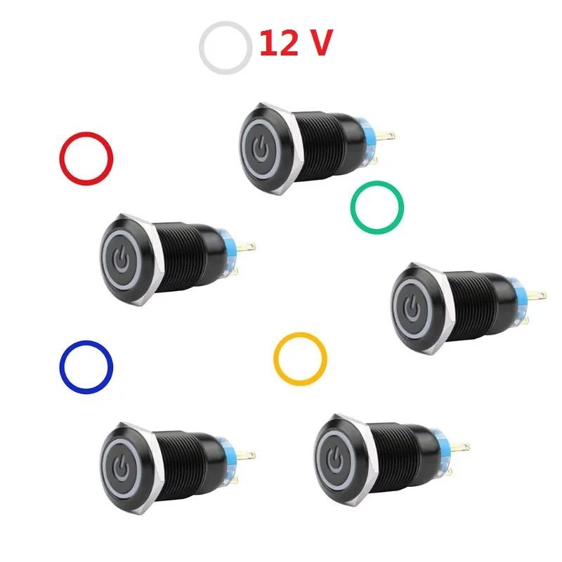 

19mm 12V LED ON/OFF Black Waterproof Self-locking Momentary Latch Push Button Flate Switch Power Symbol Car Switch