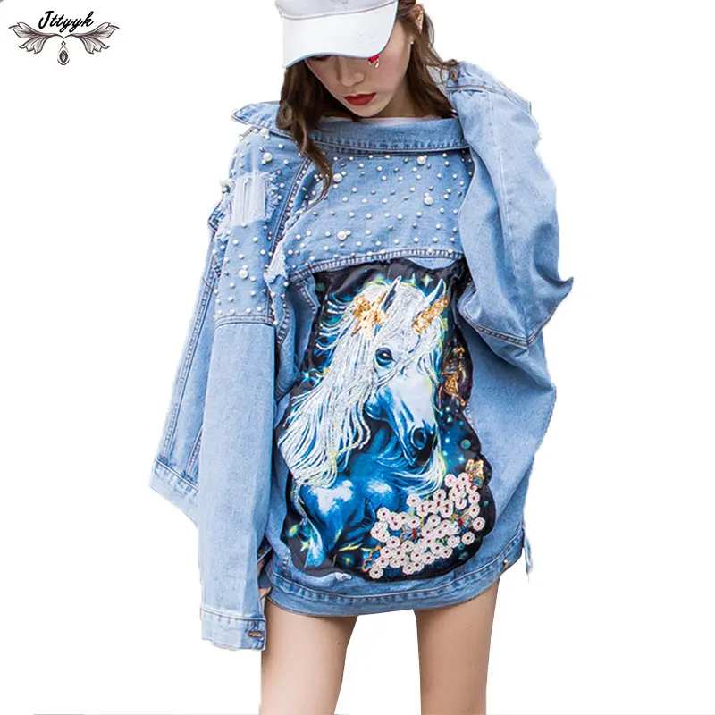 

Extra Large Beading cartoon Loose Denim coats Women 2019 spring Autumn fashion Short bomber jacket jeans Vintage Outerwear L295