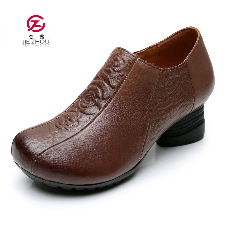 

New Women Pumps Retro High heels Lady Genuine leather Thick with Spring Autumn Round Toe Single Shoes Woman Fashion Pumps