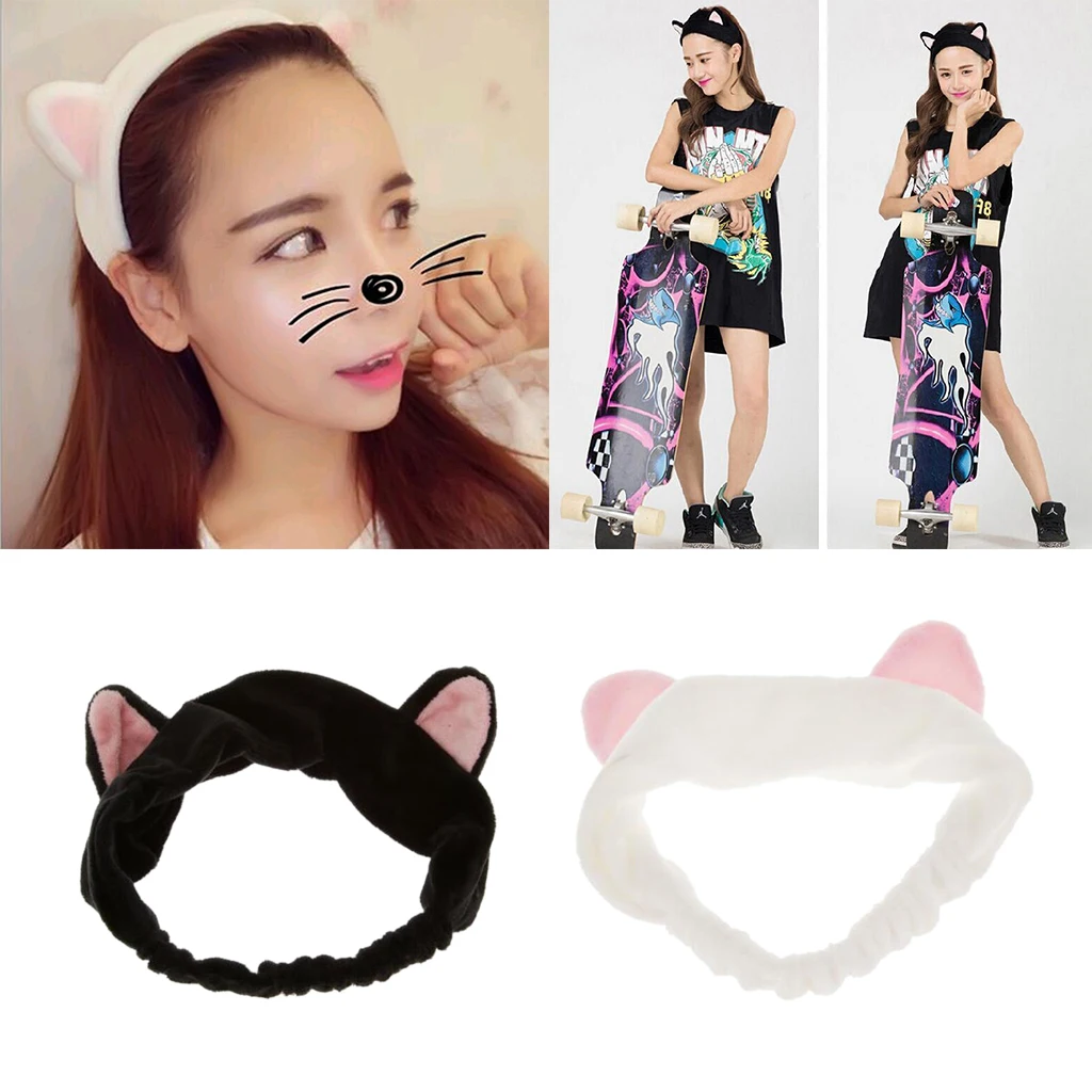

2pcs Cat Ear Hairband for Women Stretch Makeup Face Washing Shower Mask Hairband Snood Headband Black White Wholesale