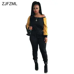 ZJFZML Цвет блок комплект из 2 частей женская одежда одно плечо футболка с длинными рукавами топ и карманы прилегающие брюки Повседневное из