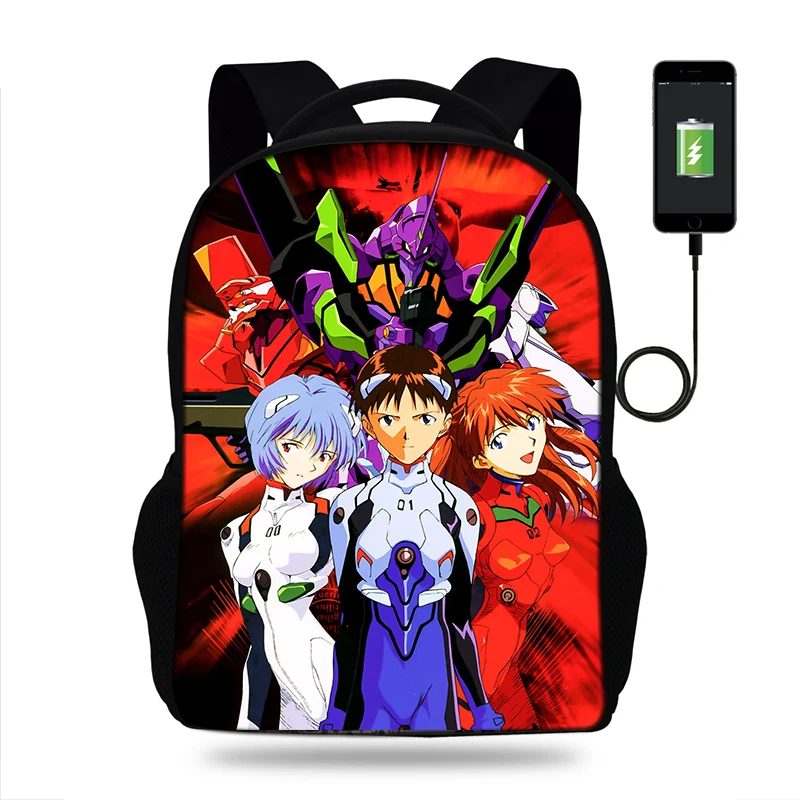 

Neon Genesis Evangelion Print Backpack Schoolbag for Girls/Boys Teenagers satchel schoolbag USB Laptop High school bags backpack