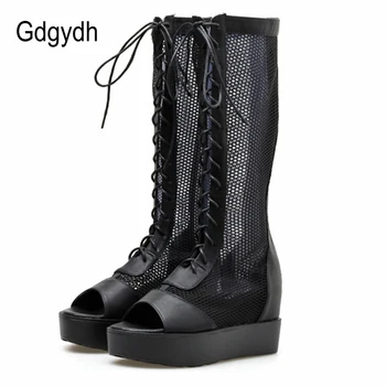 

Gdgydh Cross-tied Rome Style Long Tube Ladies Boot Summer Sexy Air Mesh Women Summer Shoes For Party Wedge Heel Comfortable