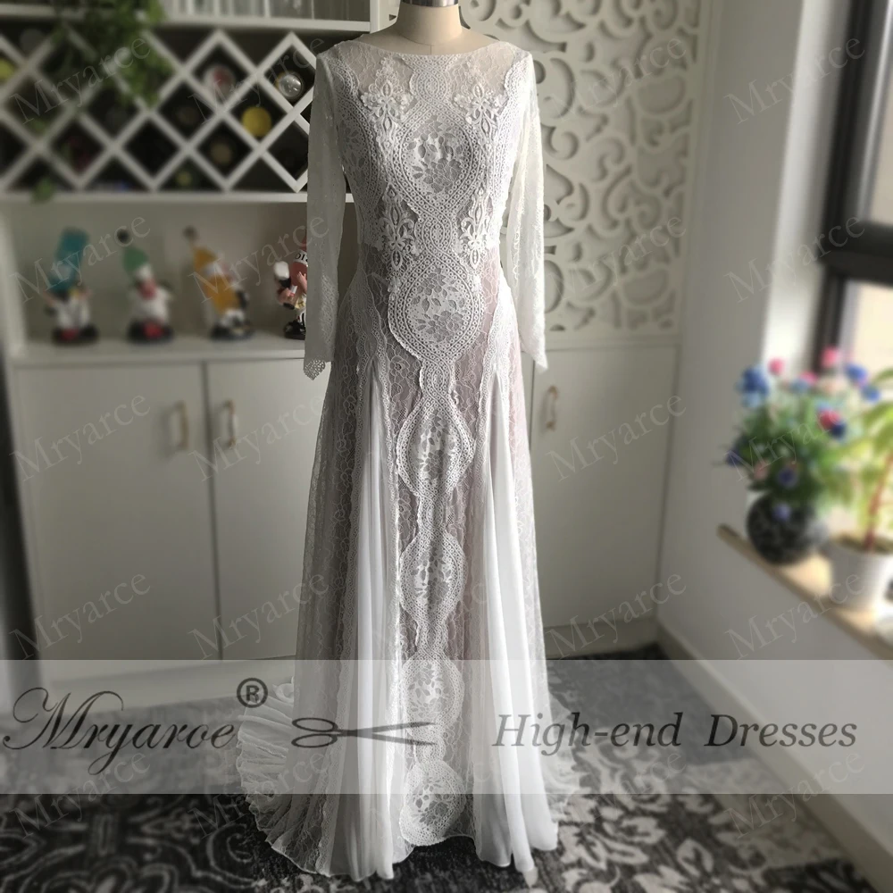 Mryarce Designer Lace Bohemian Wedding Dress Long Sleeve Open Back Boho Chic Chiffon Flowing Bridall Gowns  (2)