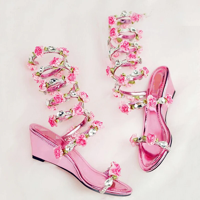 

Promotion Price Women Wedding Sandals Pink Flower Women Gladiator Sandal Summer Dress Shoes Wedge Heel Open Toe Bridal Boots