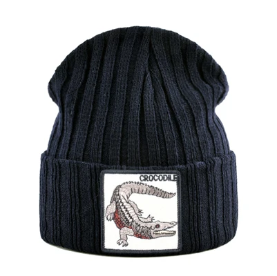 Fashion Skullies Beanies Men Women Knitted Wool Hats With Crocodile Patch Double Layer Knitting Bonnet Cap Unisxe Streetwear Hat - Цвет: Black