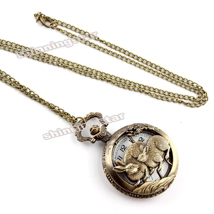 Ретро Бронзовый кролик Hollow кварц карманные часы Цепочки и ожерелья FOB цепи стимпанк часы кулон wo Для мужчин S Для мужчин подарки P252