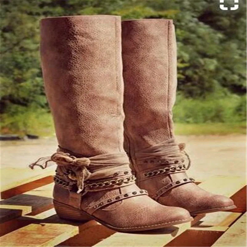 XingDeng-Lady-High-Top-Long-Rivets-Zip-Cowboy-Western-Square-Heels-Boots-Shoes-Design-European-Chain
