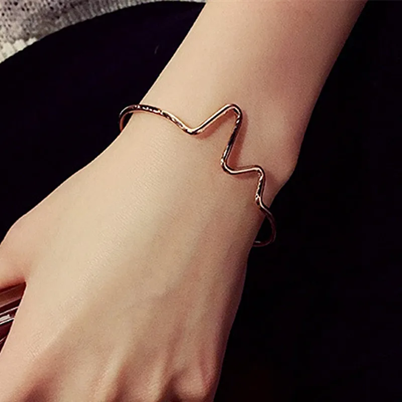 

L232 Fashion Simple Punk Pulseiras Bijoux Wave Electrocardiogram ECG Open Bangle Charm Heart Beat Cuff Bangles for Women Jewelry