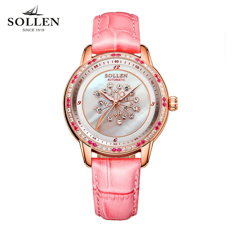 

luxury brand watches women automatic mechanical Romantic dandelion shell pearl diamond sapphire Italian calfskin wristwatch