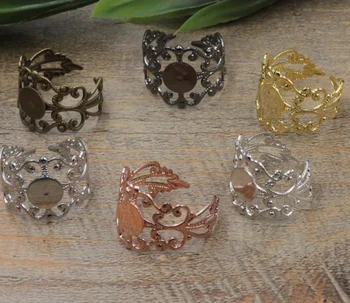 

Blank Open Filigree Flower Ring Settings with 8mm Flat Circle Glue Pad Cameo Cabochons Base Metal Rings DIY Findings Multi-color