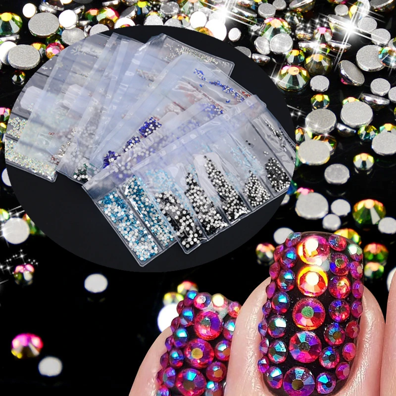

1 Pack Flatback Glass Nail Rhinestones Mixed Sizes SS3-SS12 Nail Art Decoration Stones Shiny Gems Manicure Accessories Tools