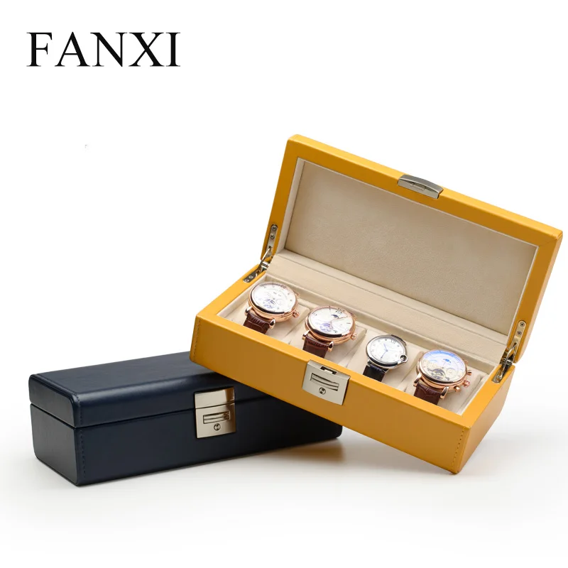 

FANXI Blue&Yellow PU Leather Jewelry Box with Velvet insert for Packing Jewelry 4 seats Watch Carrying Cases