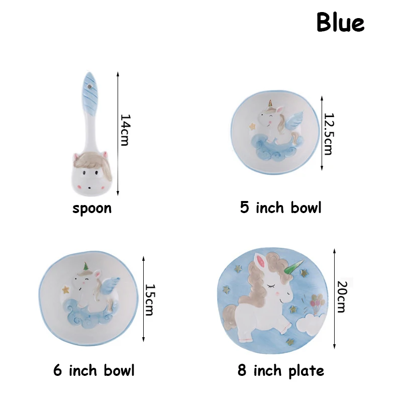 Набор керамических столовых приборов тарелка рисовая чаша поднос с героями мультфильма ваджилла блюдо Дети Единорог посуда Поднос Набор посуды Ручная роспись столовая посуда - Цвет: Blue