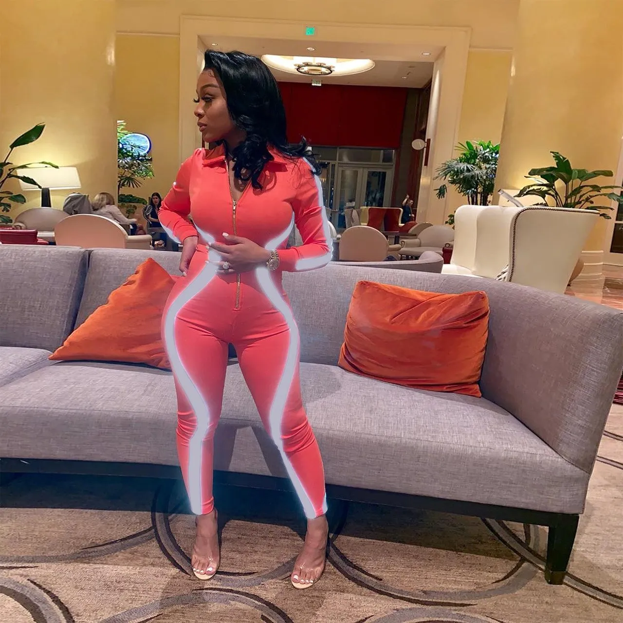 

2019 Womens Jumpsuit Reflective Striped Night Version Bodycon Jumpsuit Long Sleeve Bodysuit Overalls Sexy Rompers