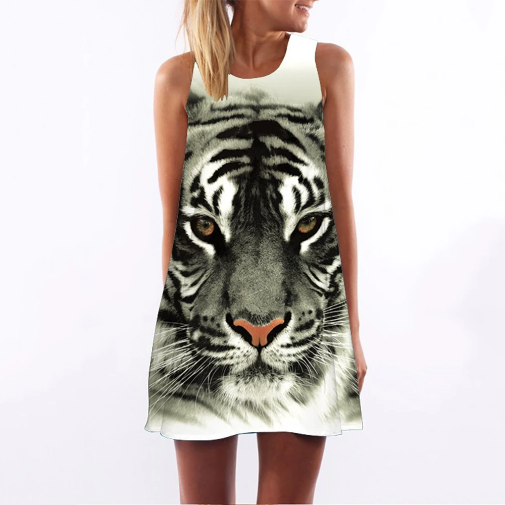 

Tiger Print Boho Mini Dress Women Tan Top Sleeveless Summer Beach Dresses Loose Vintage Harajuku Cotton Sexy Vestidos Plus Size