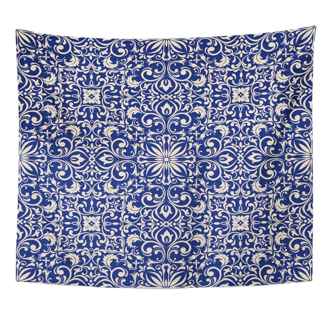 

3D Tapestry Morocco Damask Pattern in Blue and Beige Endless Ceramic Linoleum Ornate Floral Home Decor Wall Hanging