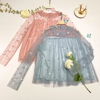 

2020 Spring Long Sleeve Ruffled Collar Bead Work Mesh Blouses Women Loose Sweet Bead Work Mesh Shirts Bead Work Mesh Lace Tops