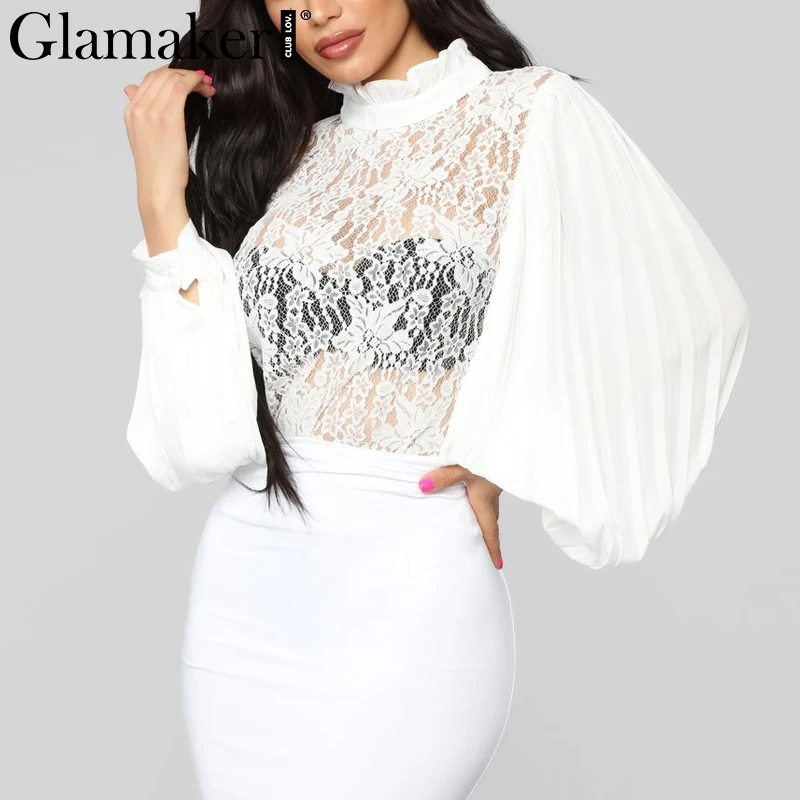 

Glamaker Sexy lace transparent bodysuit blouse Women summer white ruffles bodycon ladies bodysuit Elegant white playsuit rompers