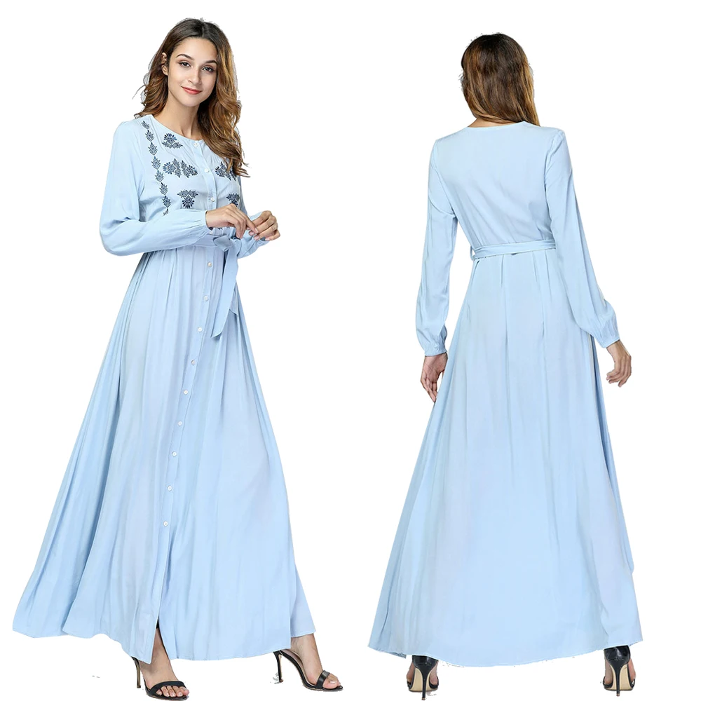 

Women Maxi Dress Embroidery Draped Round Neck Button Patchwork Elegant Swing New