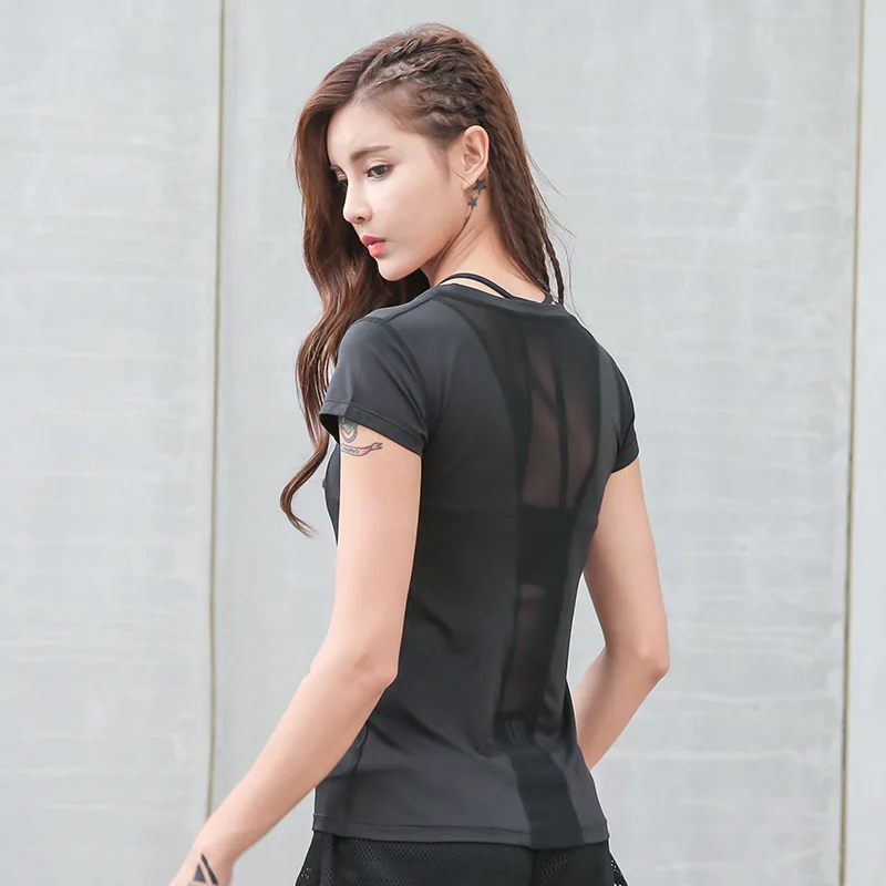 

Black Quick Dry Sexy Short Sleeve Mesh Sports T-shirts Women T Shirts Tights Yoga Shirt Workout Tops Sport Top Gym Fitness Women