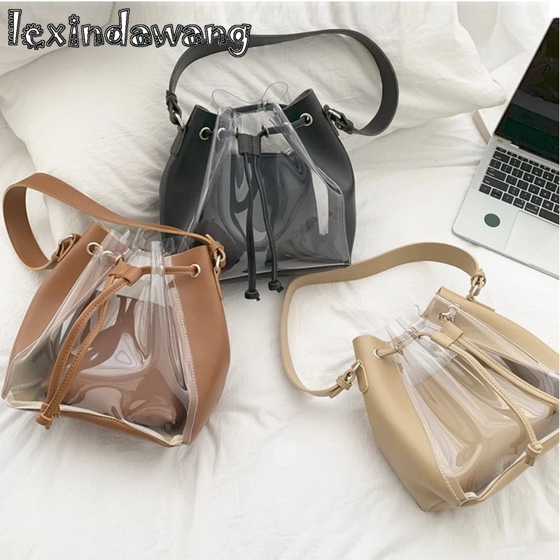 

2019 Lady PVC Bucket Bags Summer Transparent Drawstring Handbags 2pcs/set Korean Women Large Shoulder Bags Wholesale Cheap Totes