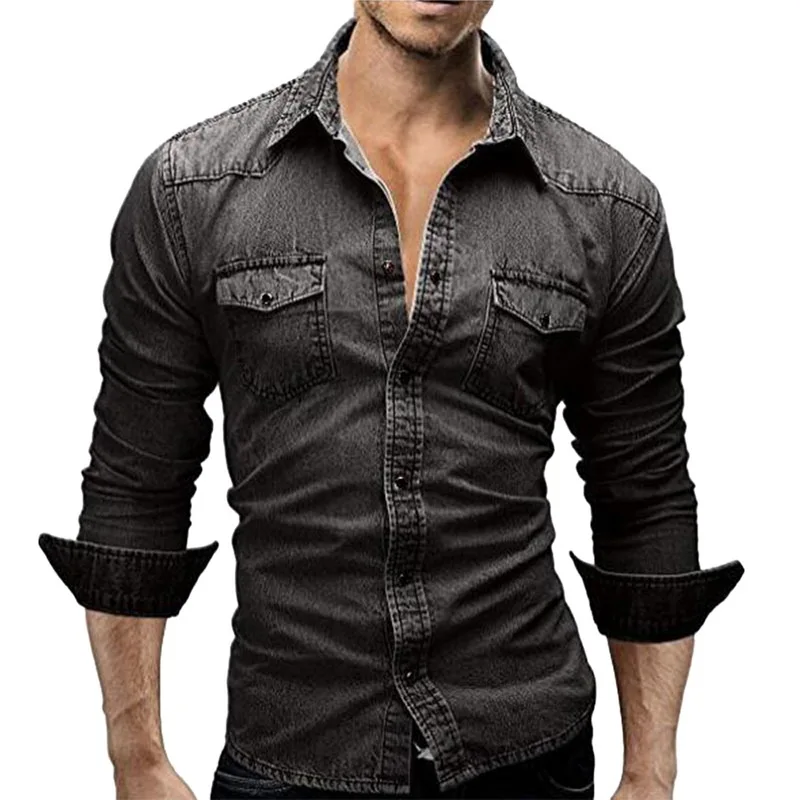 

HEFLASHOR Fashion Men Wash Denim Jeans Shirt 2018 Autumn Long Sleeves Shirt Casual Slim Denim Tops High Quality EU Size