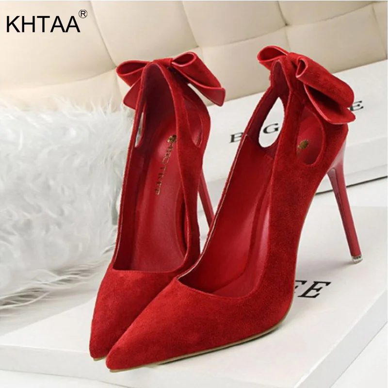 

KHTAA New Women Pumps Shallow Flock Sexy Thin High Heels Shoes Femlae Classic Bowtie Fashion Wedding Shoes Ladies Summer Shoes