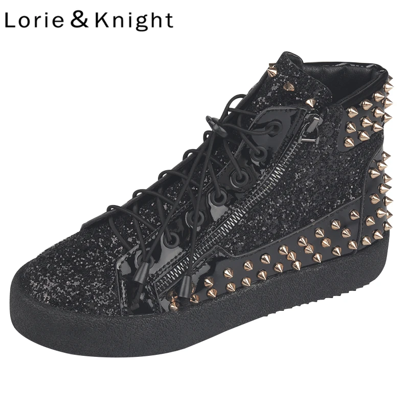 

Women Leopard/Sequins Punk High Top Sneakers Zipper Rivet Fashion Flats Shoes